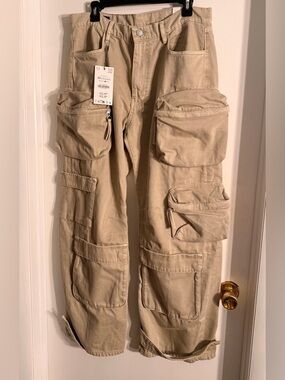 Zara Men's Tan Cargo Utility Pants - Multi-Pocket Workwear NWT